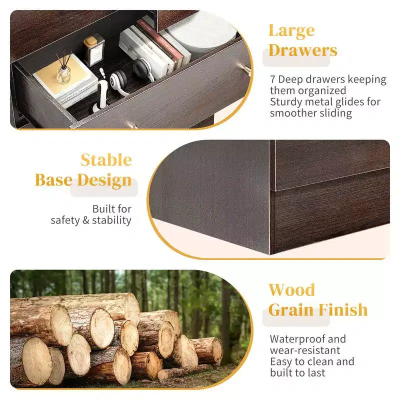 Grande commode Karl Home à 7 tiroirs pour chambre à coucher et commode avec construction robuste, organisateur de rangement en bois pour placard, marron