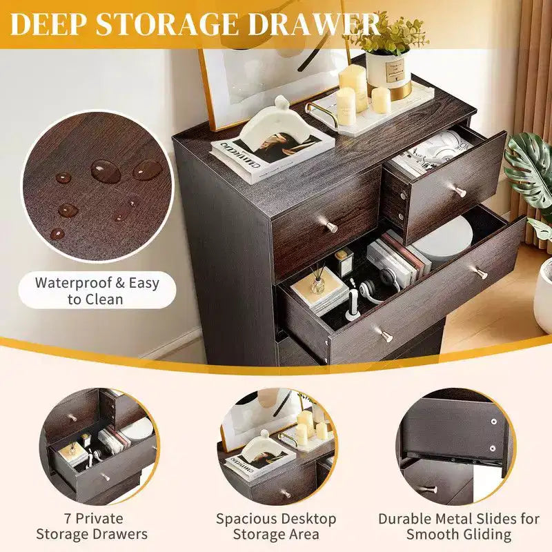 Grande commode Karl Home à 7 tiroirs pour chambre à coucher et commode avec construction robuste, organisateur de rangement en bois pour placard, marron