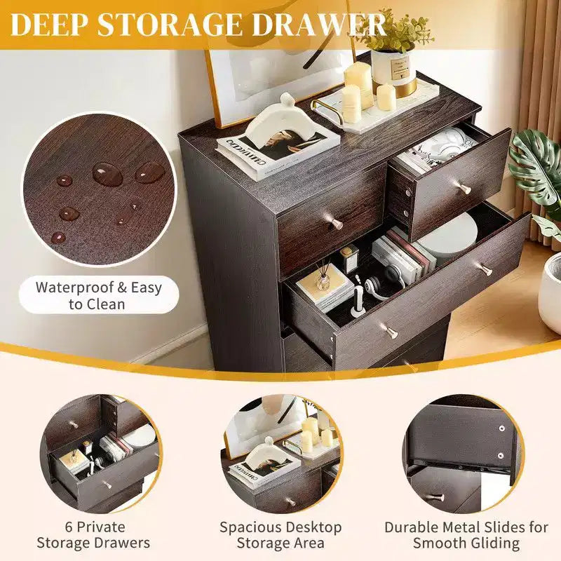 Grande commode 6 tiroirs Karl Home pour chambre à coucher et commode avec construction robuste, organisateur de rangement en bois pour placard, couleur marron.