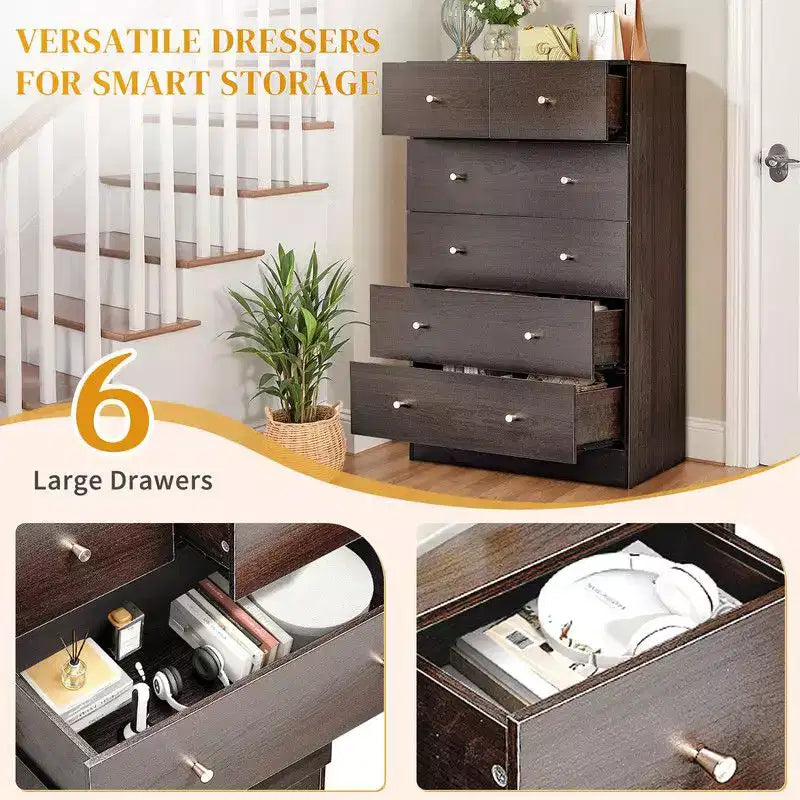 Grande commode 6 tiroirs Karl Home pour chambre à coucher et commode avec construction robuste, organisateur de rangement en bois pour placard, couleur marron.