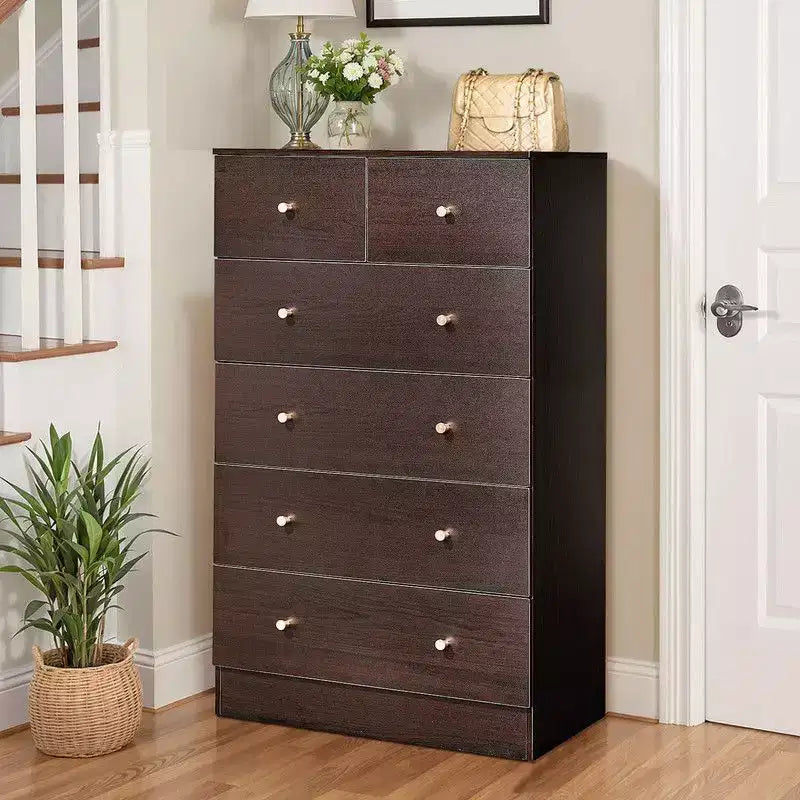 Grande commode 6 tiroirs Karl Home pour chambre à coucher et commode avec construction robuste, organisateur de rangement en bois pour placard, couleur marron.