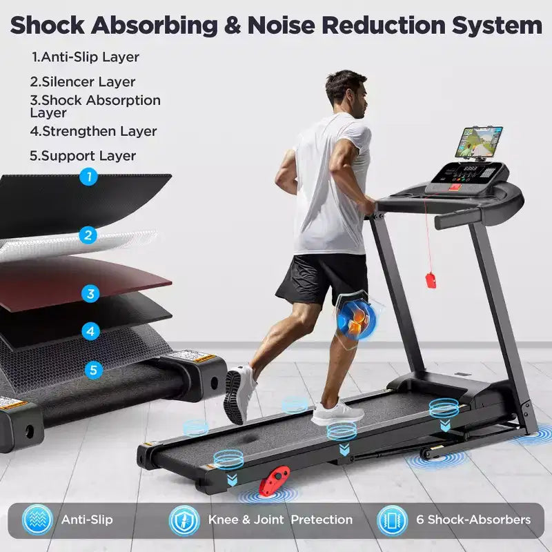 Tapis de course pliable 3 CV, capacité 136 kg, inclinaison manuelle 3 niveaux, 1-12 km/h, 71 programmes, application FitShow, haut-parleurs Bluetooth, écran LED