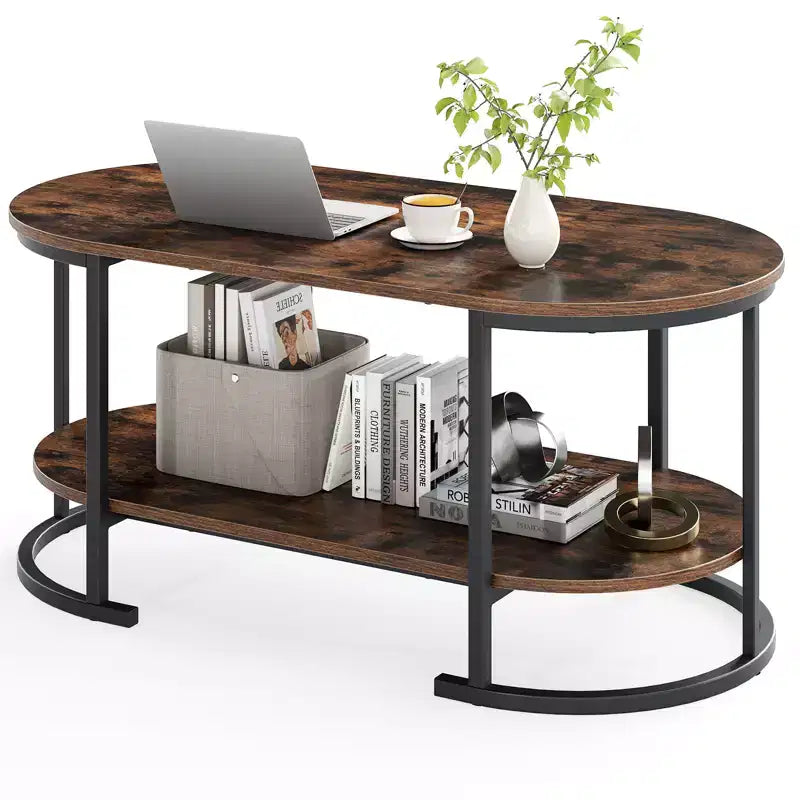 Costway Oval Coffee Table with Metal Support Legs for Apartment Office Reception Rustic Brown