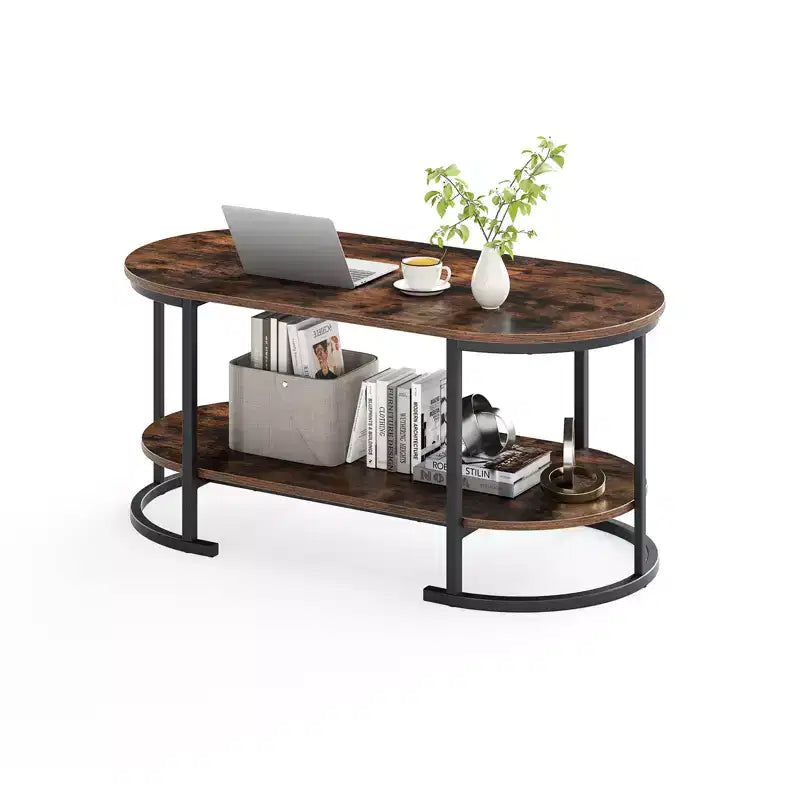 Costway Oval Coffee Table with Metal Support Legs for Apartment Office Reception Rustic Brown