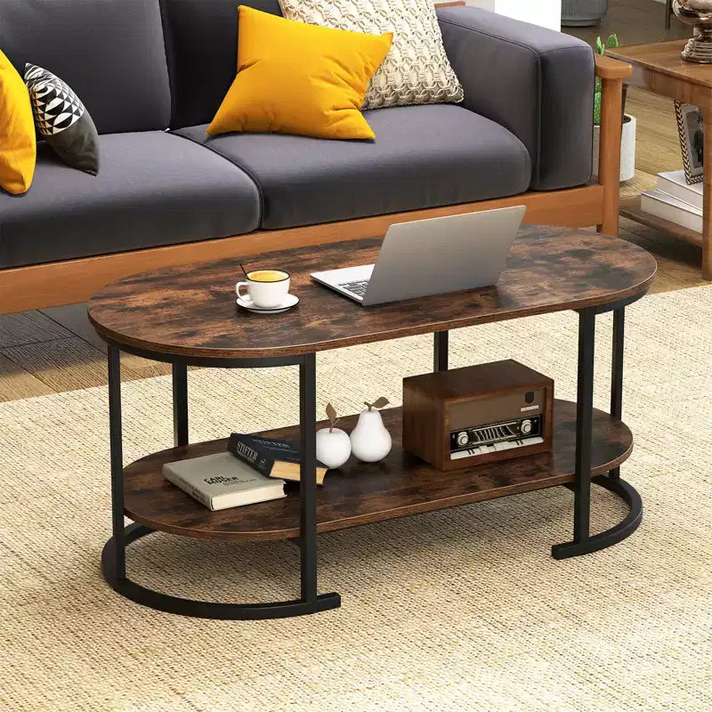 Costway Oval Coffee Table with Metal Support Legs for Apartment Office Reception Rustic Brown