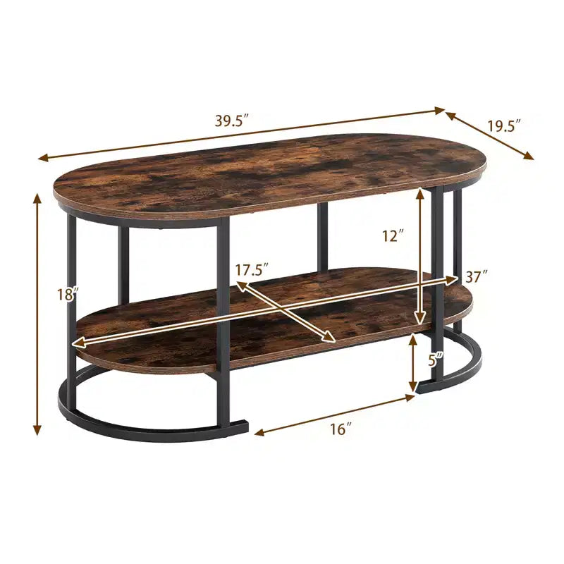 Costway Oval Coffee Table with Metal Support Legs for Apartment Office Reception Rustic Brown