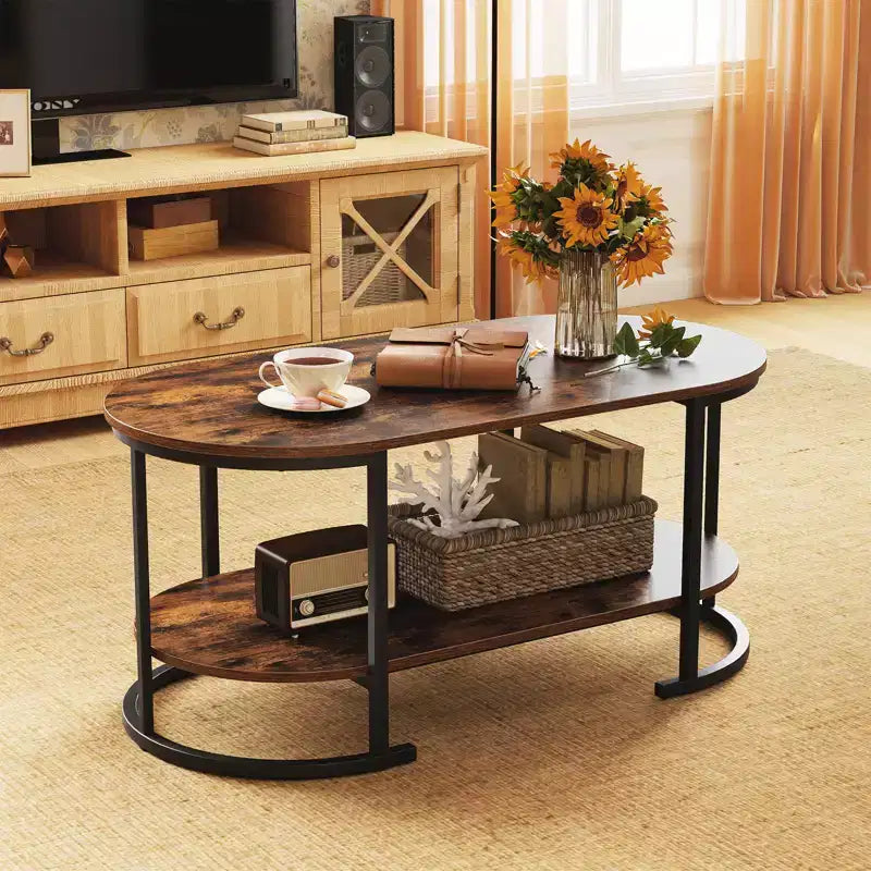 Costway Oval Coffee Table with Metal Support Legs for Apartment Office Reception Rustic Brown
