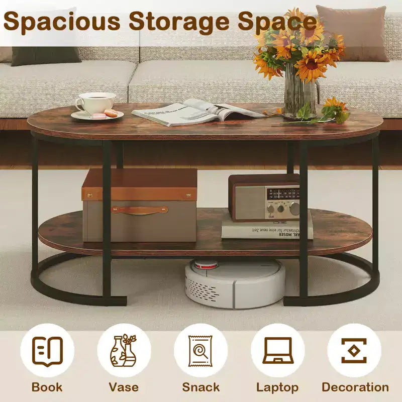 Costway Oval Coffee Table with Metal Support Legs for Apartment Office Reception Rustic Brown