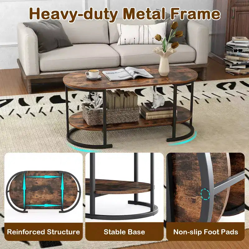 Costway Oval Coffee Table with Metal Support Legs for Apartment Office Reception Rustic Brown