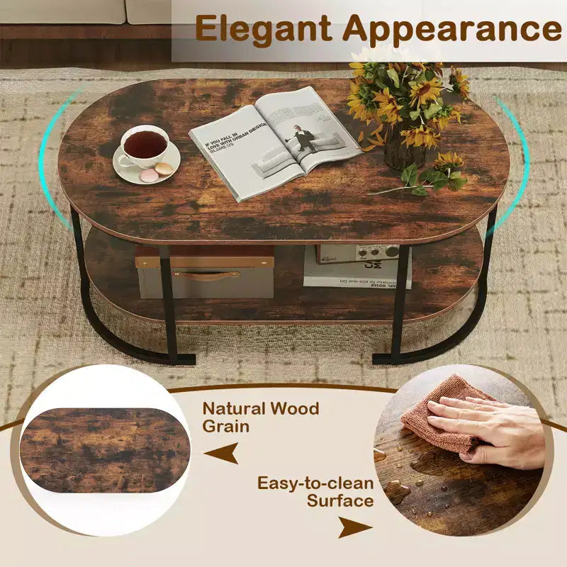 Costway Oval Coffee Table with Metal Support Legs for Apartment Office Reception Rustic Brown