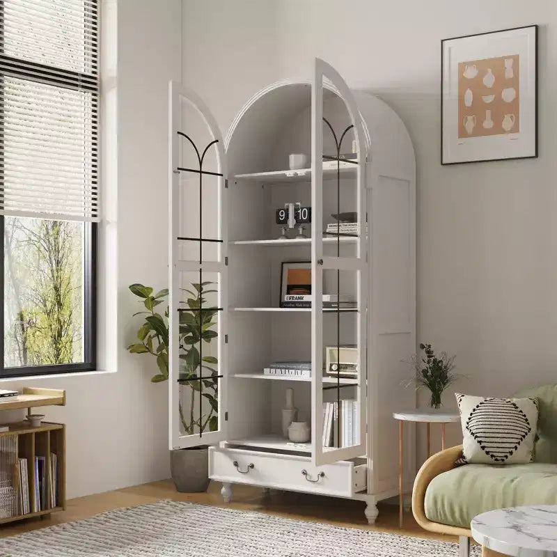 Bibliothèque de rangement Famapy avec portes vitrées cintrées, fermeture magnétique, étagères ouvertes et tiroir