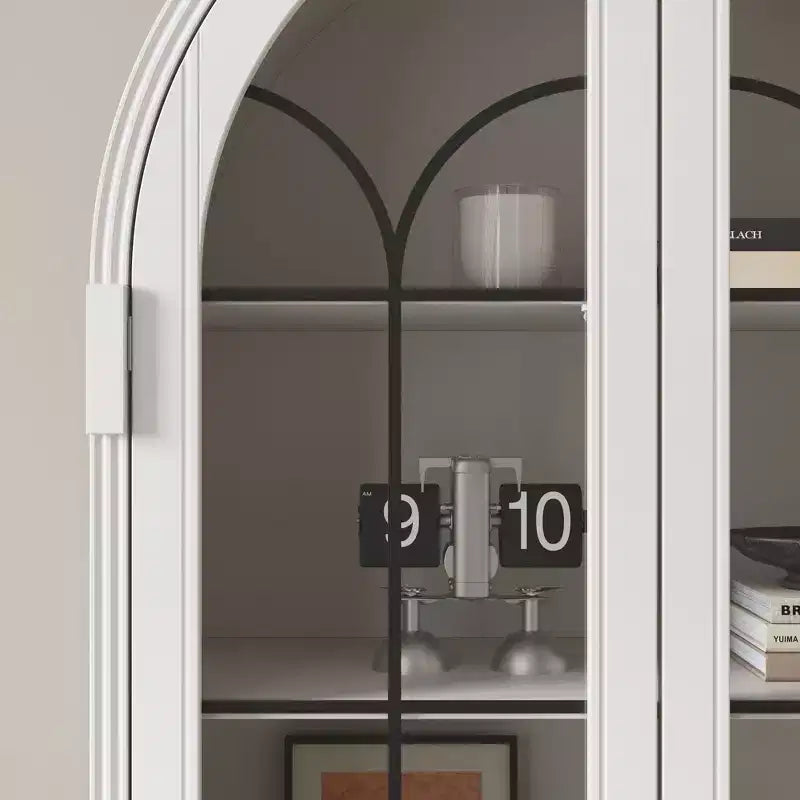 Bibliothèque de rangement Famapy avec portes vitrées cintrées, fermeture magnétique, étagères ouvertes et tiroir