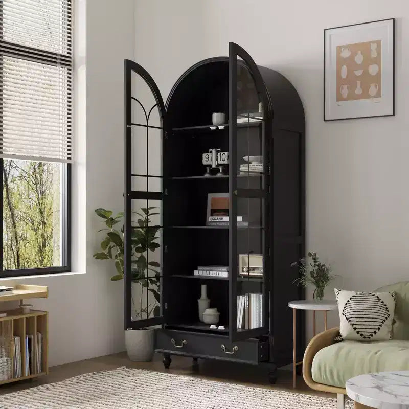 Bibliothèque de rangement Famapy avec portes vitrées cintrées, fermeture magnétique, étagères ouvertes et tiroir
