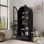 Bibliothèque de rangement Famapy avec portes vitrées cintrées, fermeture magnétique, étagères ouvertes et tiroir