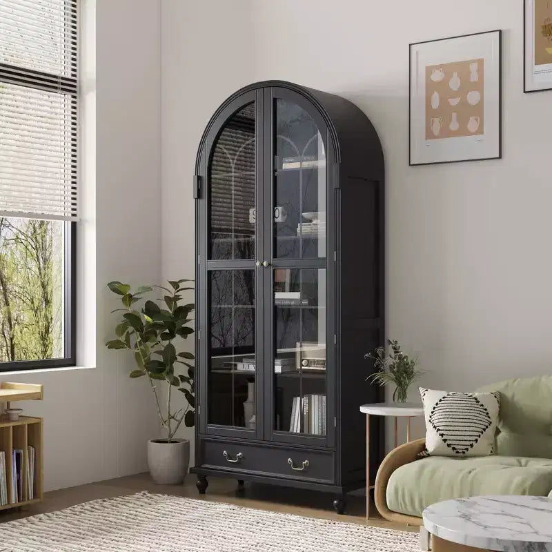 Bibliothèque de rangement Famapy avec portes vitrées cintrées, fermeture magnétique, étagères ouvertes et tiroir