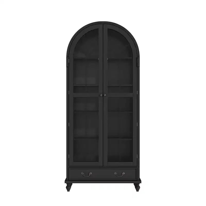 Bibliothèque de rangement Famapy avec portes vitrées cintrées, fermeture magnétique, étagères ouvertes et tiroir