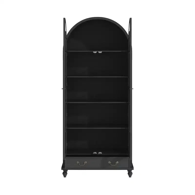 Bibliothèque de rangement Famapy avec portes vitrées cintrées, fermeture magnétique, étagères ouvertes et tiroir