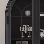 Bibliothèque de rangement Famapy avec portes vitrées cintrées, fermeture magnétique, étagères ouvertes et tiroir