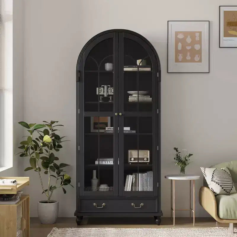 Bibliothèque de rangement Famapy avec portes vitrées cintrées, fermeture magnétique, étagères ouvertes et tiroir