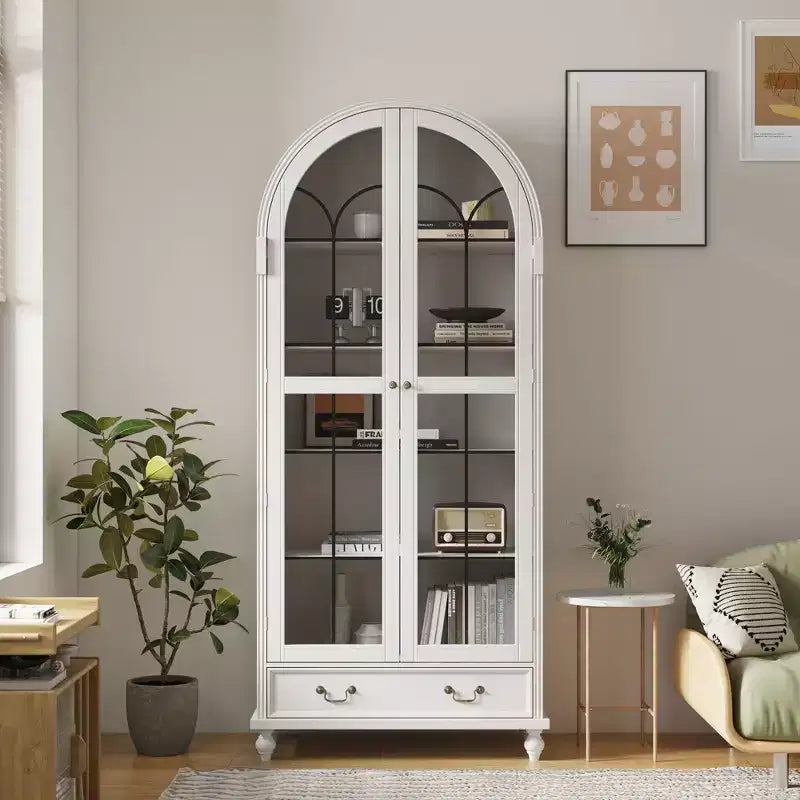 Famapy Arched Glass-Door Display Storage Cabinet Bookshelf  Magnetic Closure + Open Shelves + Drawer