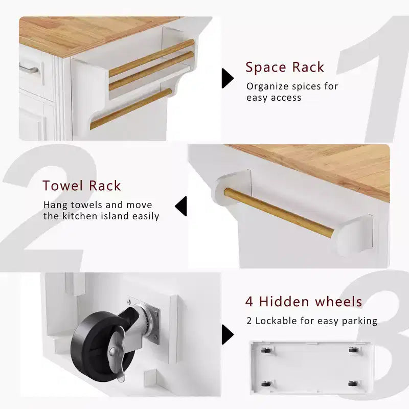 Grand îlot de cuisine Zeus & Ruta de 137 cm avec abattant en bois d'hévéa, chariot roulant à texture gaufrée, 4 roues, 4 portes et 3 tiroirs