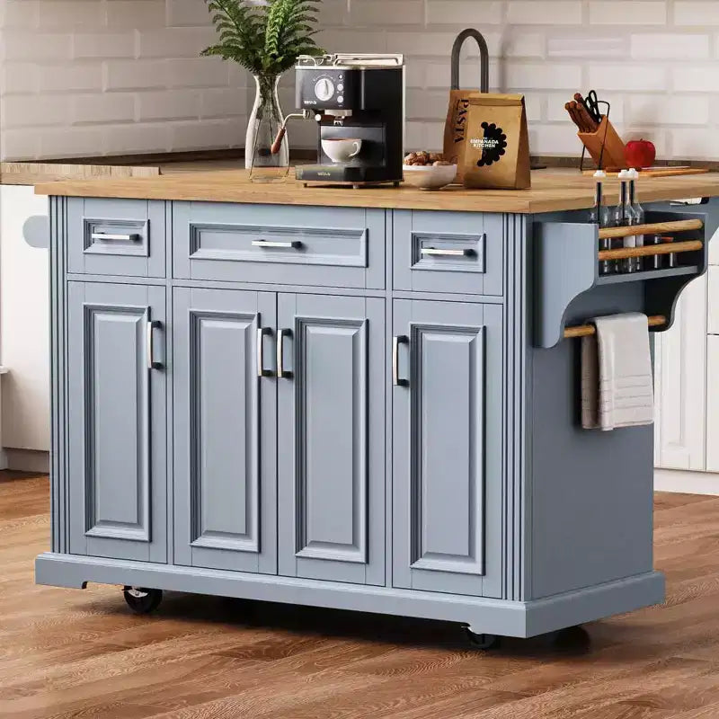 Zeus & Ruta 54'' Large Kitchen Island with Rubber Wood Drop Leaf, Rolling Cart with Embossed Texture, 4 Wheels, 4 Doors & 3 Drawers