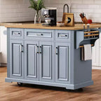 Zeus & Ruta 54'' Large Kitchen Island with Rubber Wood Drop Leaf, Rolling Cart with Embossed Texture, 4 Wheels, 4 Doors & 3 Drawers