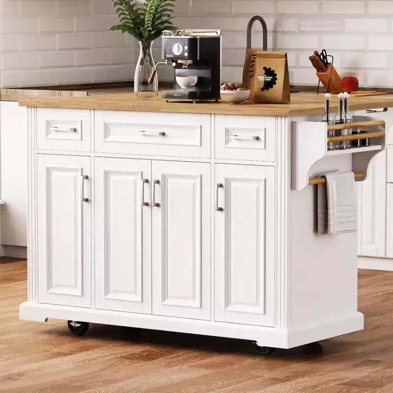 Grand îlot de cuisine Zeus & Ruta de 137 cm avec abattant en bois d'hévéa, chariot roulant à texture gaufrée, 4 roues, 4 portes et 3 tiroirs