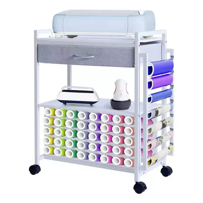 Chariot de rangement et d'organisation pour loisirs créatifs compatible avec machine Cricut, chariot de rangement roulant avec tiroir en tissu, crochet et support pour 47 rouleaux de vinyle