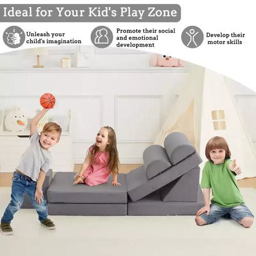 Canapé de jeu modulaire pour enfants, 10 pièces, canapé souple en mousse pour tout-petits avec piscine à balles pour garçons et filles, canapé sectionnel convertible pour enfants, gris