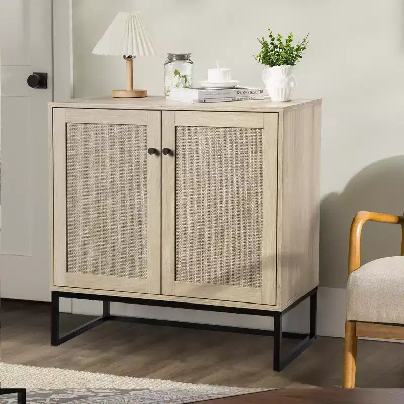 Lot de 2 armoires de rangement avec portes en rotin, buffet console pour salon, entrée, cuisine, salle à manger
