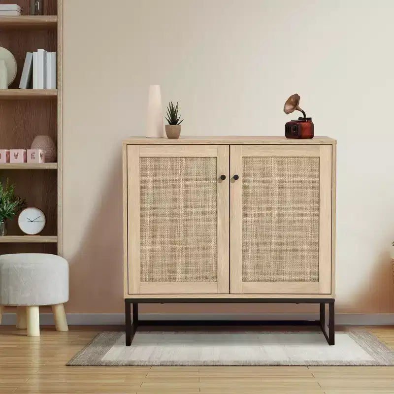 Lot de 2 armoires de rangement avec portes en rotin, buffet console pour salon, entrée, cuisine, salle à manger