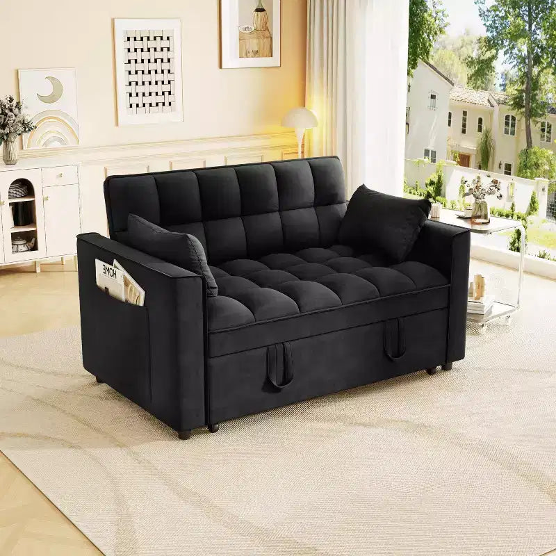 MAYEERTY Sleeper Sofa Couch Pull Out Bed Modern Velvet Convertible Small Love Seat with Pillows Sode Pockets for Small Space Black