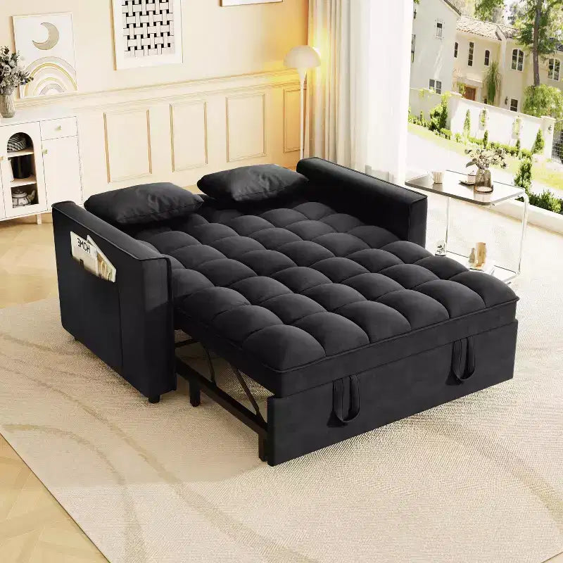 MAYEERTY Canapé-Lit Convertible en Velours Moderne avec Oreillers et Poches Latérales pour Petits Espaces Noir