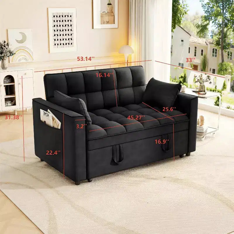 MAYEERTY Canapé-Lit Convertible en Velours Moderne avec Oreillers et Poches Latérales pour Petits Espaces Noir