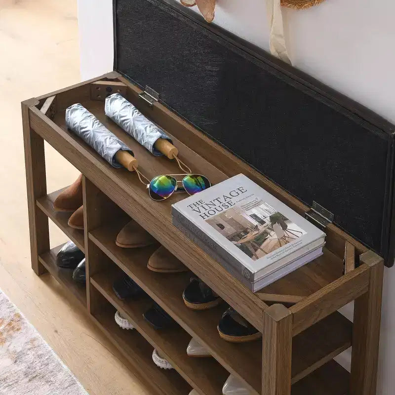 Banc à chaussures Homy Casa avec plateau relevable, étagères inférieures réglables et rangement dissimulé, marron