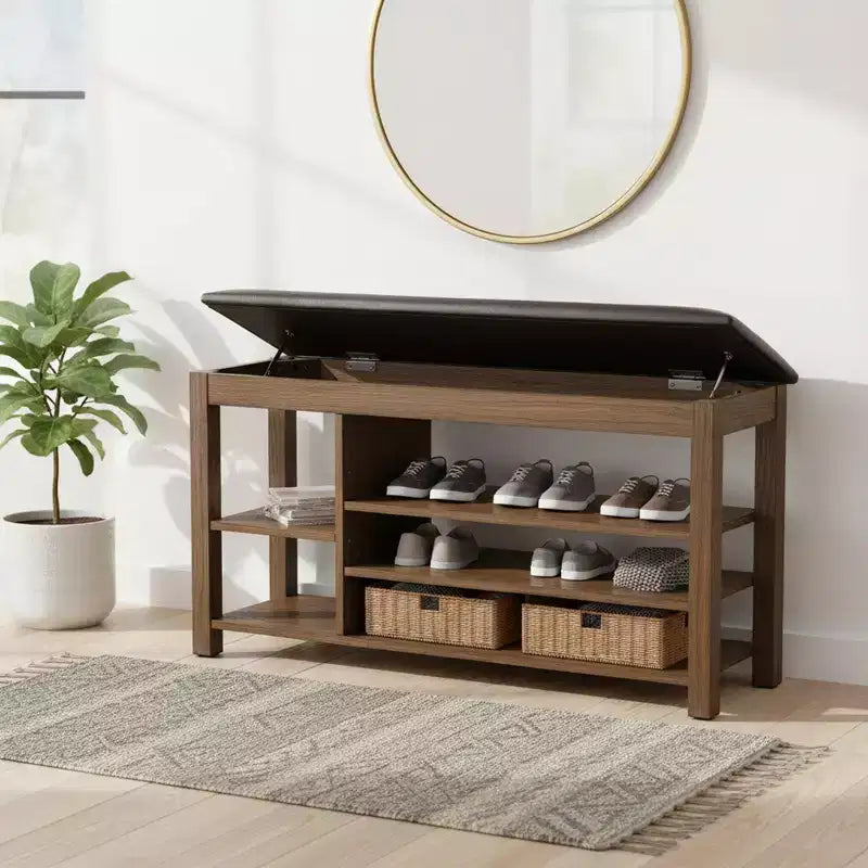 Banc à chaussures Homy Casa avec plateau relevable, étagères inférieures réglables et rangement dissimulé, marron