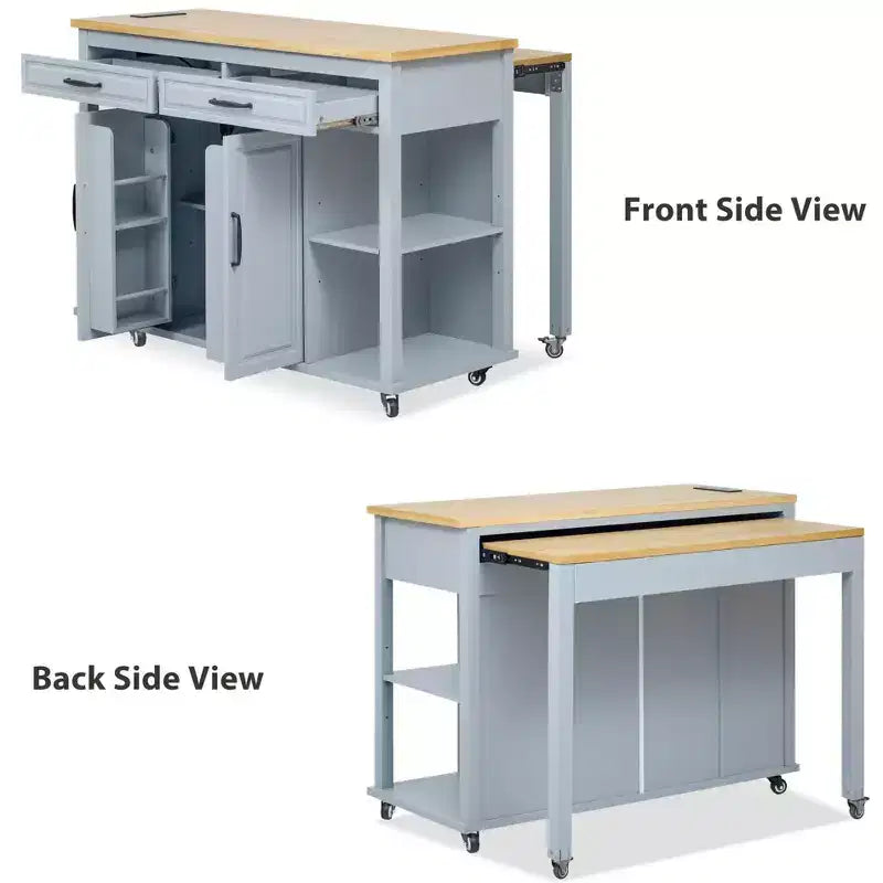 PexFix 47 Îlot de cuisine avec table à manger extensible en placage de bois d'hévéa, avec étagère de rangement, prise de courant et 2 tiroirs, 2 placards, Bleu