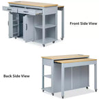 PexFix 47 Îlot de cuisine avec table à manger extensible en placage de bois d'hévéa, avec étagère de rangement, prise de courant et 2 tiroirs, 2 placards, Bleu