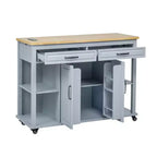 PexFix 47 Îlot de cuisine avec table à manger extensible en placage de bois d'hévéa, avec étagère de rangement, prise de courant et 2 tiroirs, 2 placards, Bleu