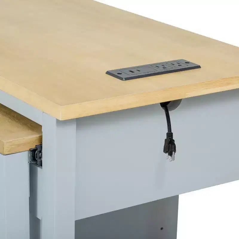 PexFix 47 Îlot de cuisine avec table à manger extensible en placage de bois d'hévéa, avec étagère de rangement, prise de courant et 2 tiroirs, 2 placards, Bleu