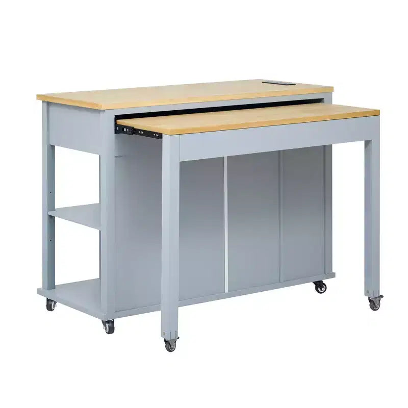 PexFix 47 Îlot de cuisine avec table à manger extensible en placage de bois d'hévéa, avec étagère de rangement, prise de courant et 2 tiroirs, 2 placards, Bleu