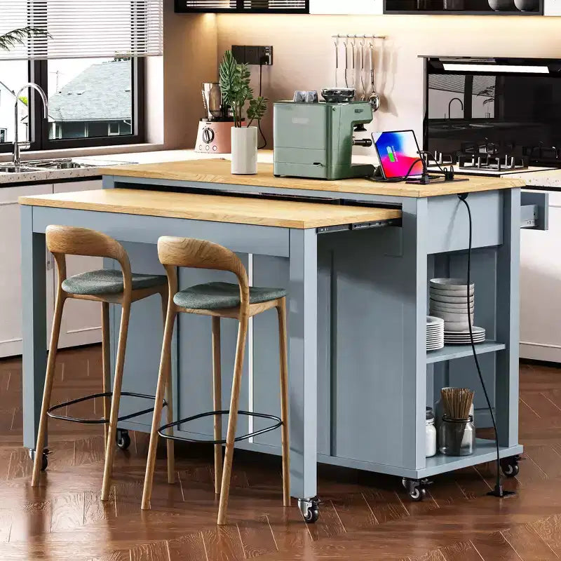 PexFix 47 Îlot de cuisine avec table à manger extensible en placage de bois d'hévéa, avec étagère de rangement, prise de courant et 2 tiroirs, 2 placards, Bleu