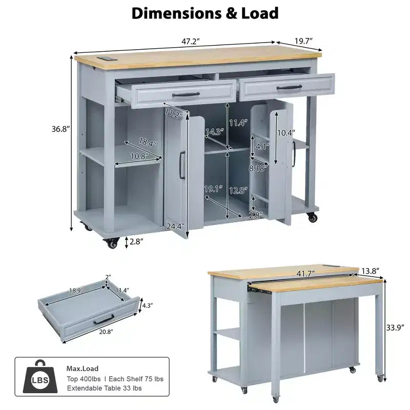 PexFix 47 Îlot de cuisine avec table à manger extensible en placage de bois d'hévéa, avec étagère de rangement, prise de courant et 2 tiroirs, 2 placards, Bleu