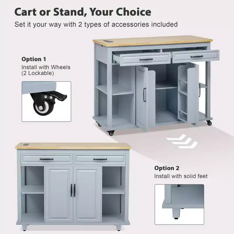 PexFix 47 Îlot de cuisine avec table à manger extensible en placage de bois d'hévéa, avec étagère de rangement, prise de courant et 2 tiroirs, 2 placards, Bleu