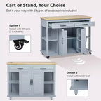 PexFix 47 Îlot de cuisine avec table à manger extensible en placage de bois d'hévéa, avec étagère de rangement, prise de courant et 2 tiroirs, 2 placards, Bleu