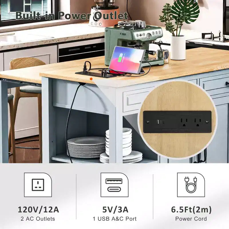 PexFix 47 Îlot de cuisine avec table à manger extensible en placage de bois d'hévéa, avec étagère de rangement, prise de courant et 2 tiroirs, 2 placards, Bleu