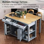 PexFix 47 Îlot de cuisine avec table à manger extensible en placage de bois d'hévéa, avec étagère de rangement, prise de courant et 2 tiroirs, 2 placards, Bleu