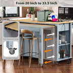 PexFix 47 Îlot de cuisine avec table à manger extensible en placage de bois d'hévéa, avec étagère de rangement, prise de courant et 2 tiroirs, 2 placards, Bleu