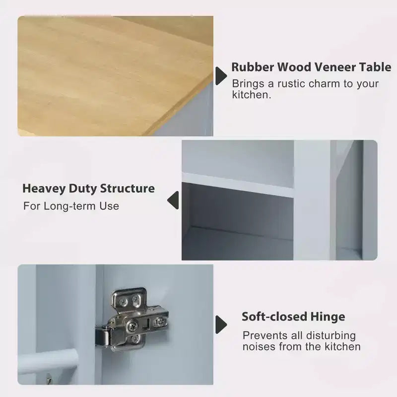 PexFix 47 Îlot de cuisine avec table à manger extensible en placage de bois d'hévéa, avec étagère de rangement, prise de courant et 2 tiroirs, 2 placards, Bleu